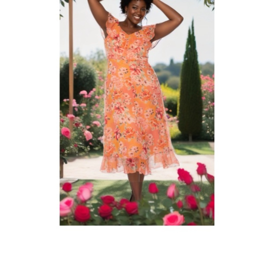 London Times Vibrant Orange Floral Midi Dress